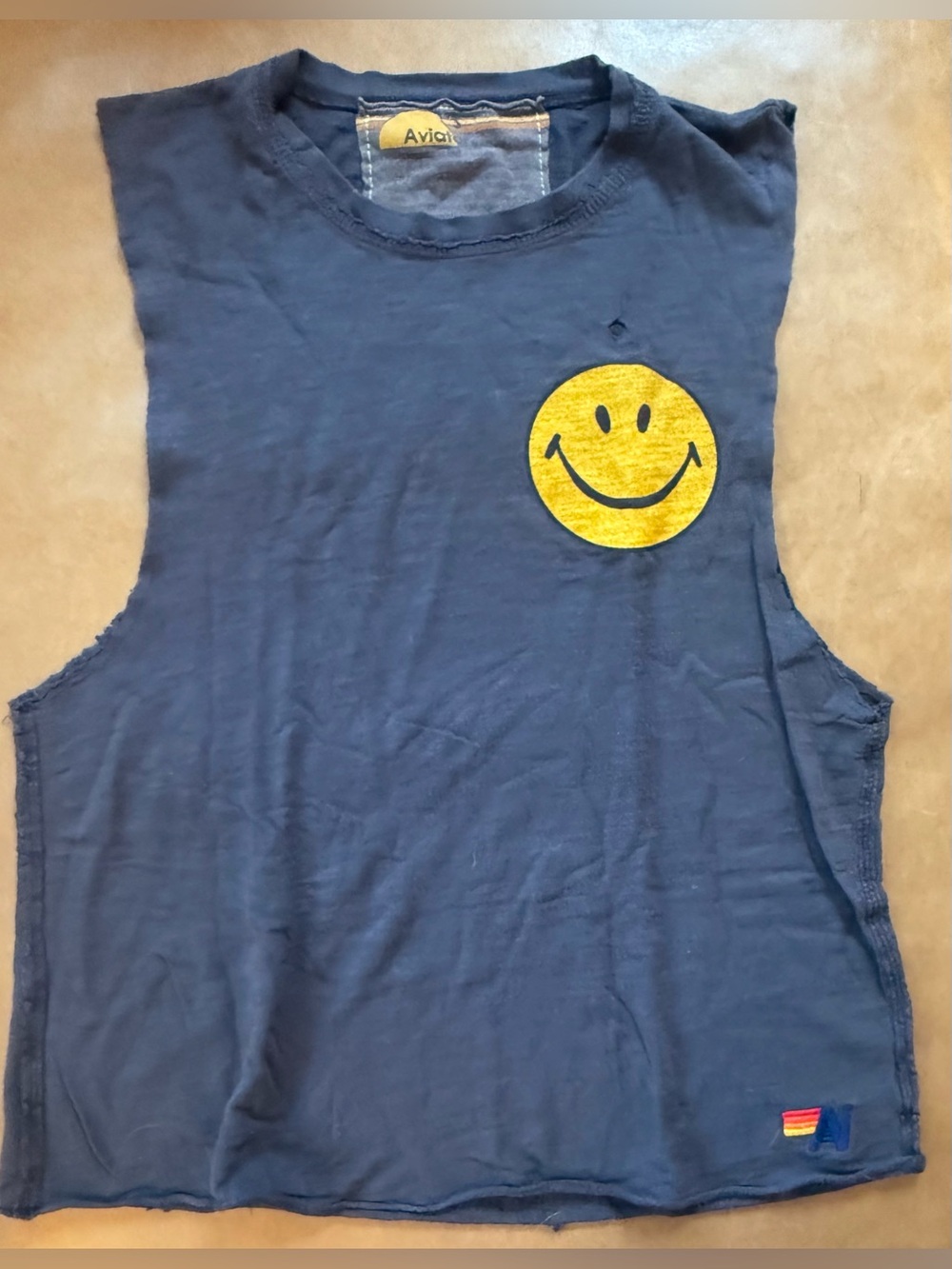 Aviator Nation Navy Sleeveless Tank with Yellow Smiley Patch - Mens small